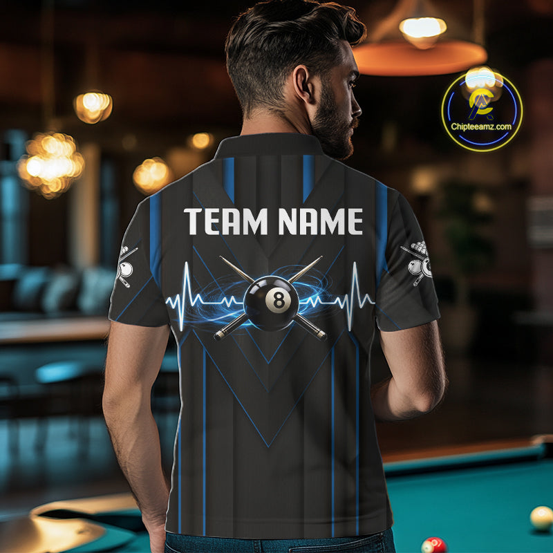 Mens Beat Heart Pool Billiard Polo & 1/4-Zip Shirt Custom Light 8 Ball Billiard Team Apparel | Blue NYN4339