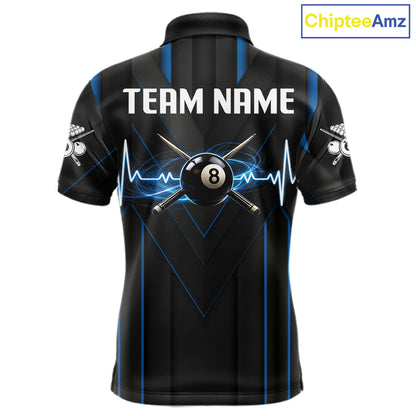 Mens Beat Heart Pool Billiard Polo & 1/4-Zip Shirt Custom Light 8 Ball Billiard Team Apparel | Blue NYN4339