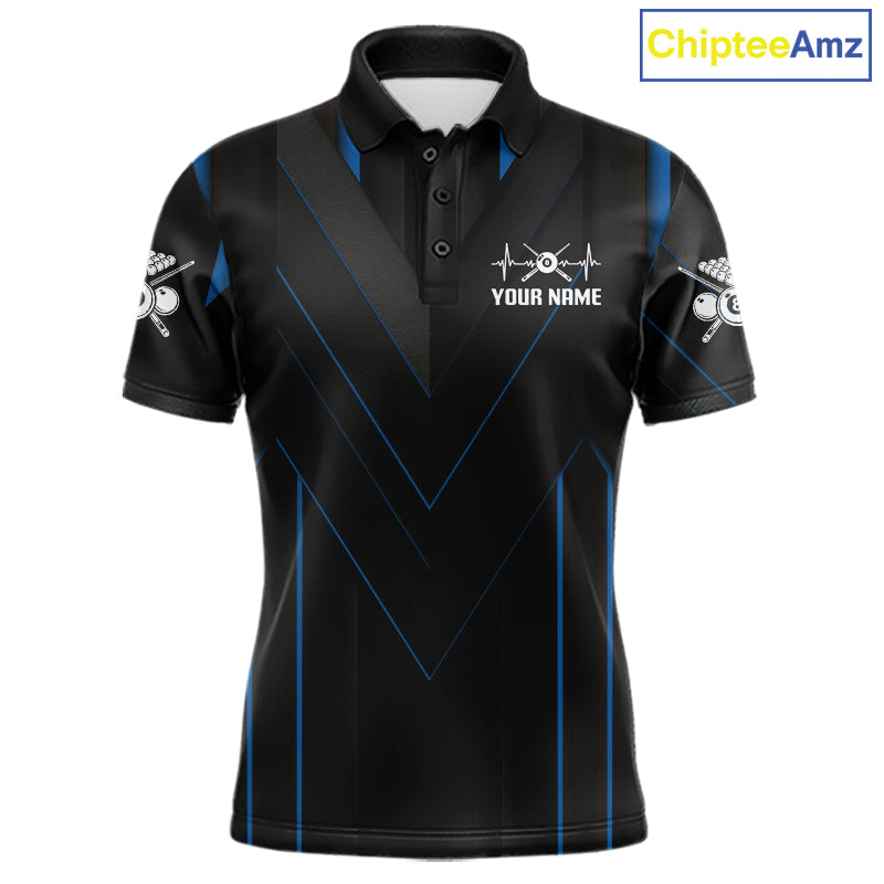 Mens Beat Heart Pool Billiard Polo & 1/4-Zip Shirt Custom Light 8 Ball Billiard Team Apparel | Blue NYN4339