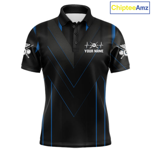 Mens Beat Heart Pool Billiard Polo & 1/4-Zip Shirt Custom Light 8 Ball Billiard Team Apparel | Blue NYN4339