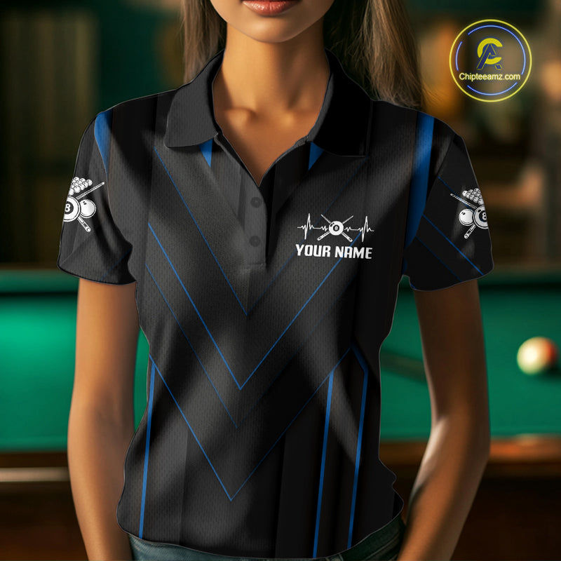 Women Beat Heart Pool Billiard Polo & 1/4-Zip Shirt Custom Light 8 Ball Billiard Team Apparel | Blue NYN4339