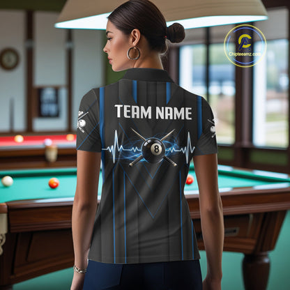 Women Beat Heart Pool Billiard Polo & 1/4-Zip Shirt Custom Light 8 Ball Billiard Team Apparel | Blue NYN4339