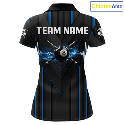 Women Beat Heart Pool Billiard Polo & 1/4-Zip Shirt Custom Light 8 Ball Billiard Team Apparel | Blue NYN4339