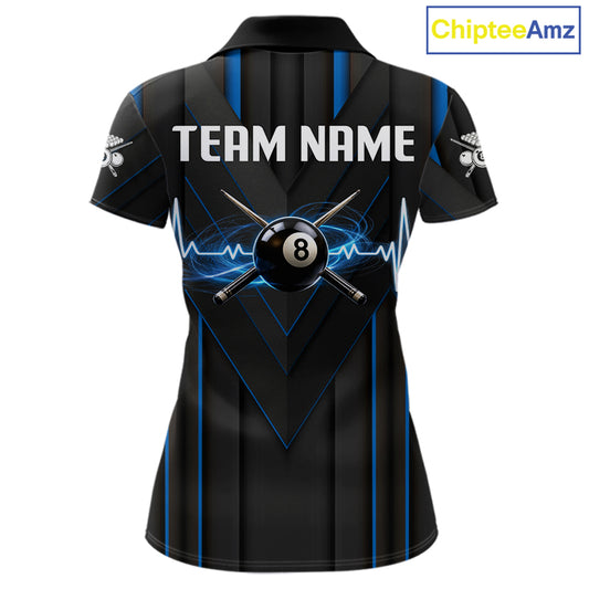 Women Beat Heart Pool Billiard Polo & 1/4-Zip Shirt Custom Light 8 Ball Billiard Team Apparel | Blue NYN4339