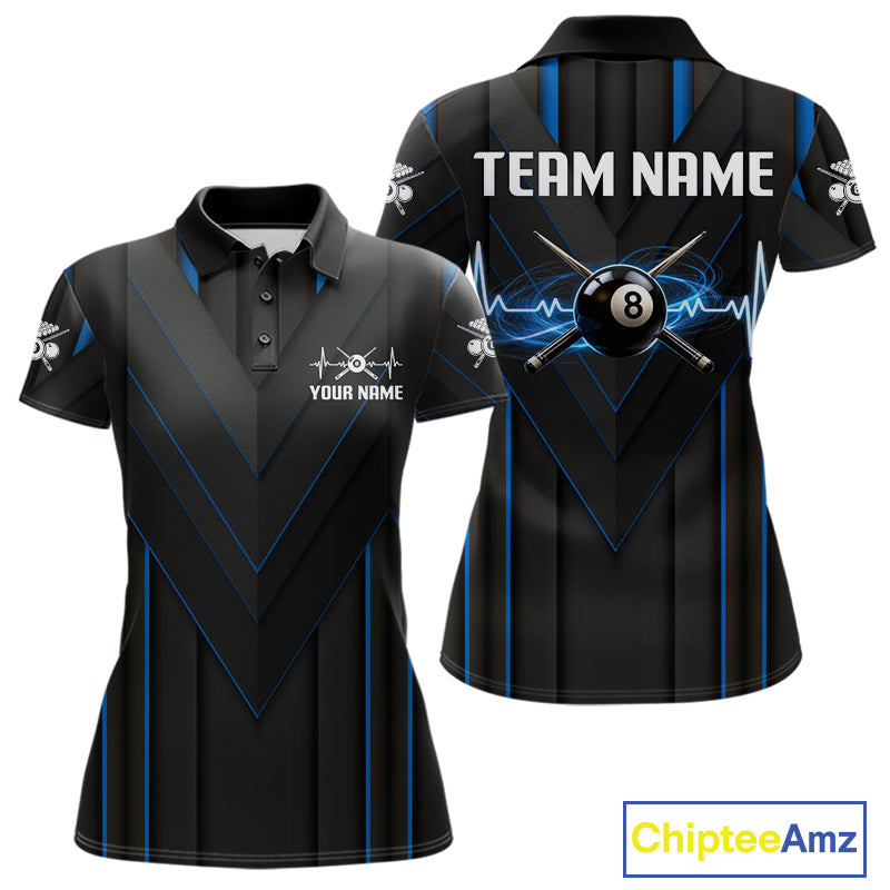 Women Beat Heart Pool Billiard Polo & 1/4-Zip Shirt Custom Light 8 Ball Billiard Team Apparel | Blue NYN4339