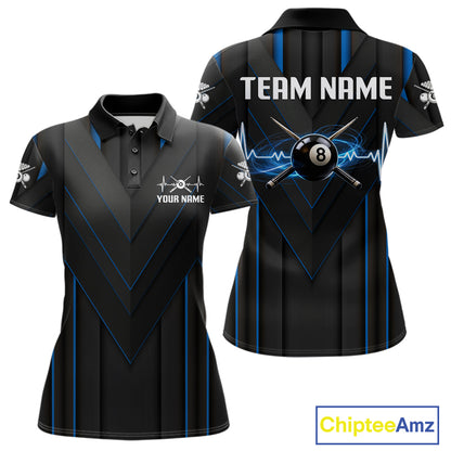 Women Beat Heart Pool Billiard Polo & 1/4-Zip Shirt Custom Light 8 Ball Billiard Team Apparel | Blue NYN4339