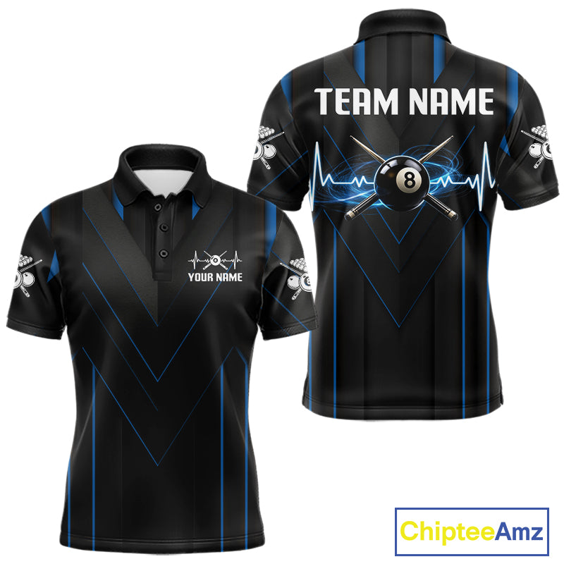 Mens Beat Heart Pool Billiard Polo & 1/4-Zip Shirt Custom Light 8 Ball Billiard Team Apparel | Blue NYN4339