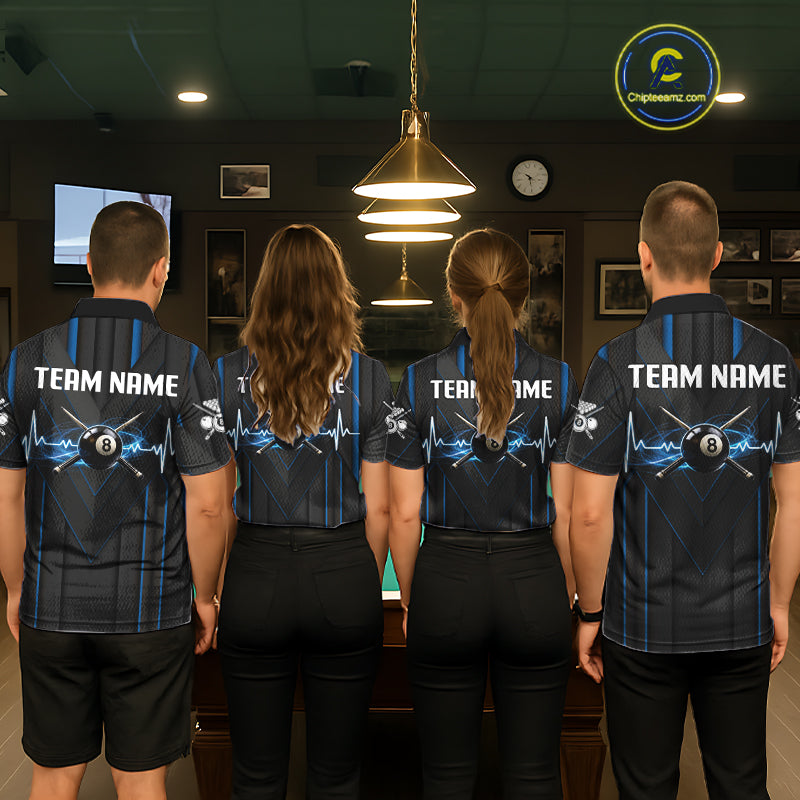 Women Beat Heart Pool Billiard Polo & 1/4-Zip Shirt Custom Light 8 Ball Billiard Team Apparel | Blue NYN4339