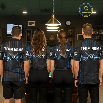 Women Beat Heart Pool Billiard Polo & 1/4-Zip Shirt Custom Light 8 Ball Billiard Team Apparel | Blue NYN4339