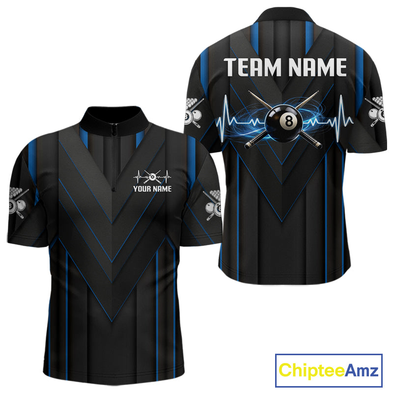 Mens Beat Heart Pool Billiard Polo & 1/4-Zip Shirt Custom Light 8 Ball Billiard Team Apparel | Blue NYN4339