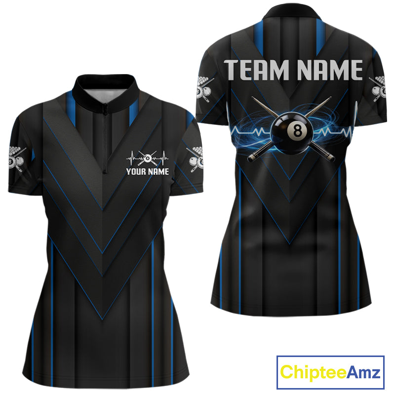 Women Beat Heart Pool Billiard Polo & 1/4-Zip Shirt Custom Light 8 Ball Billiard Team Apparel | Blue NYN4339