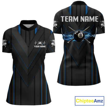 Women Beat Heart Pool Billiard Polo & 1/4-Zip Shirt Custom Light 8 Ball Billiard Team Apparel | Blue NYN4339