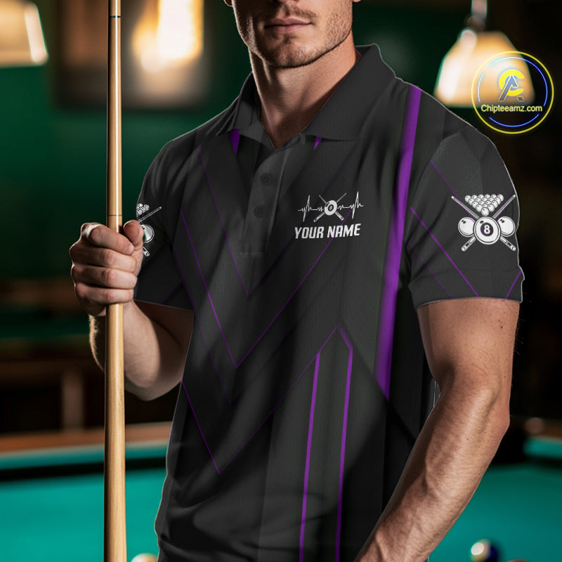 Mens Beat Heart Pool Billiard Polo & 1/4-Zip Shirt Custom Light 8 Ball Billiard Team Apparel | Purple NYN4340