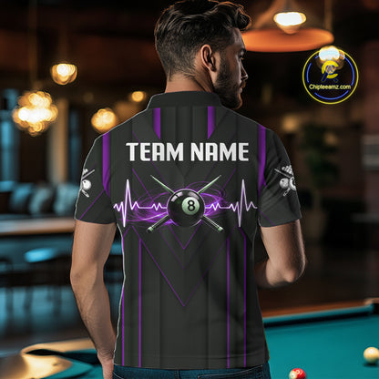 Mens Beat Heart Pool Billiard Polo & 1/4-Zip Shirt Custom Light 8 Ball Billiard Team Apparel | Purple NYN4340