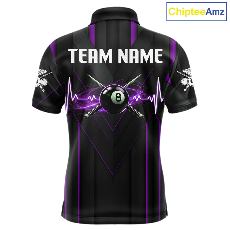 Mens Beat Heart Pool Billiard Polo & 1/4-Zip Shirt Custom Light 8 Ball Billiard Team Apparel | Purple NYN4340