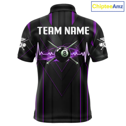 Mens Beat Heart Pool Billiard Polo & 1/4-Zip Shirt Custom Light 8 Ball Billiard Team Apparel | Purple NYN4340