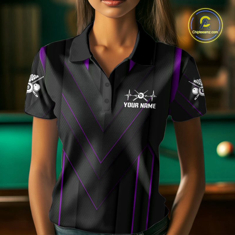 Women Beat Heart Pool Billiard Polo & 1/4-Zip Shirt Custom Light 8 Ball Billiard Team Apparel | Purple NYN4340