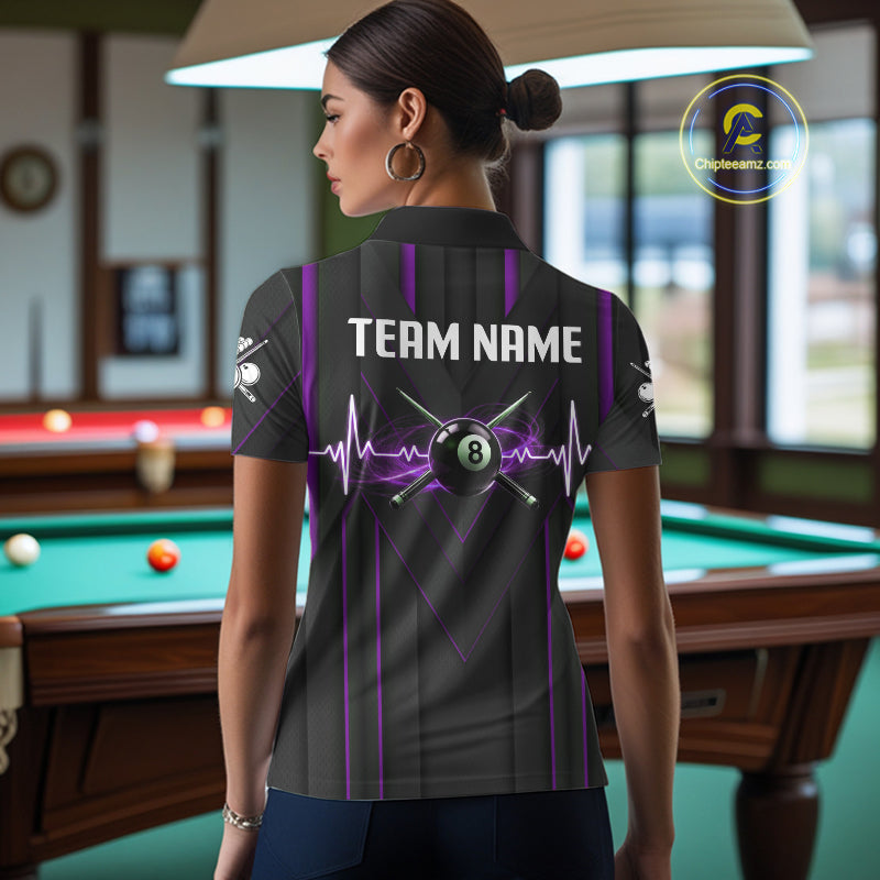 Women Beat Heart Pool Billiard Polo & 1/4-Zip Shirt Custom Light 8 Ball Billiard Team Apparel | Purple NYN4340