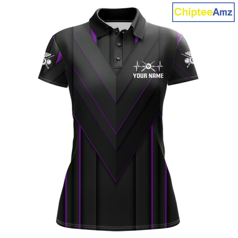 Women Beat Heart Pool Billiard Polo & 1/4-Zip Shirt Custom Light 8 Ball Billiard Team Apparel | Purple NYN4340