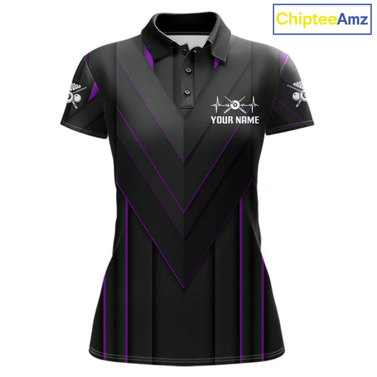 Women Beat Heart Pool Billiard Polo & 1/4-Zip Shirt Custom Light 8 Ball Billiard Team Apparel | Purple NYN4340