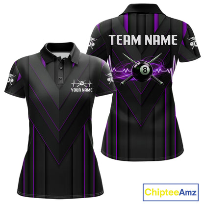 Women Beat Heart Pool Billiard Polo & 1/4-Zip Shirt Custom Light 8 Ball Billiard Team Apparel | Purple NYN4340