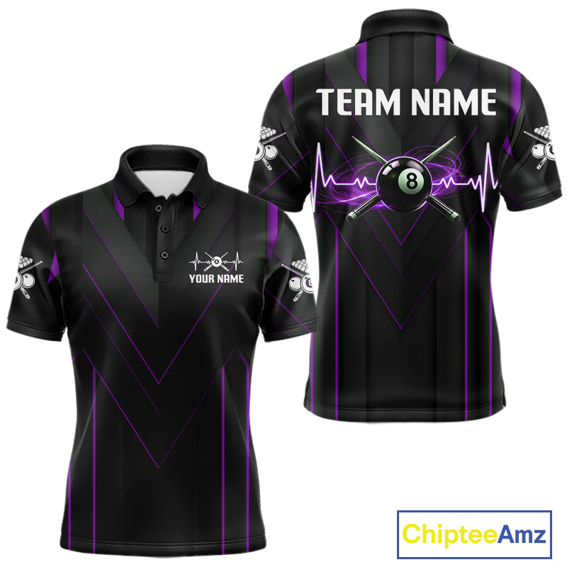 Mens Beat Heart Pool Billiard Polo & 1/4-Zip Shirt Custom Light 8 Ball Billiard Team Apparel | Purple NYN4340