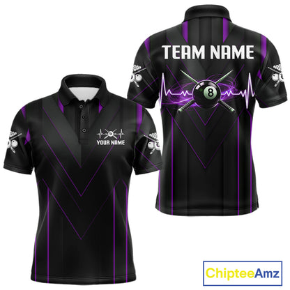 Mens Beat Heart Pool Billiard Polo & 1/4-Zip Shirt Custom Light 8 Ball Billiard Team Apparel | Purple NYN4340
