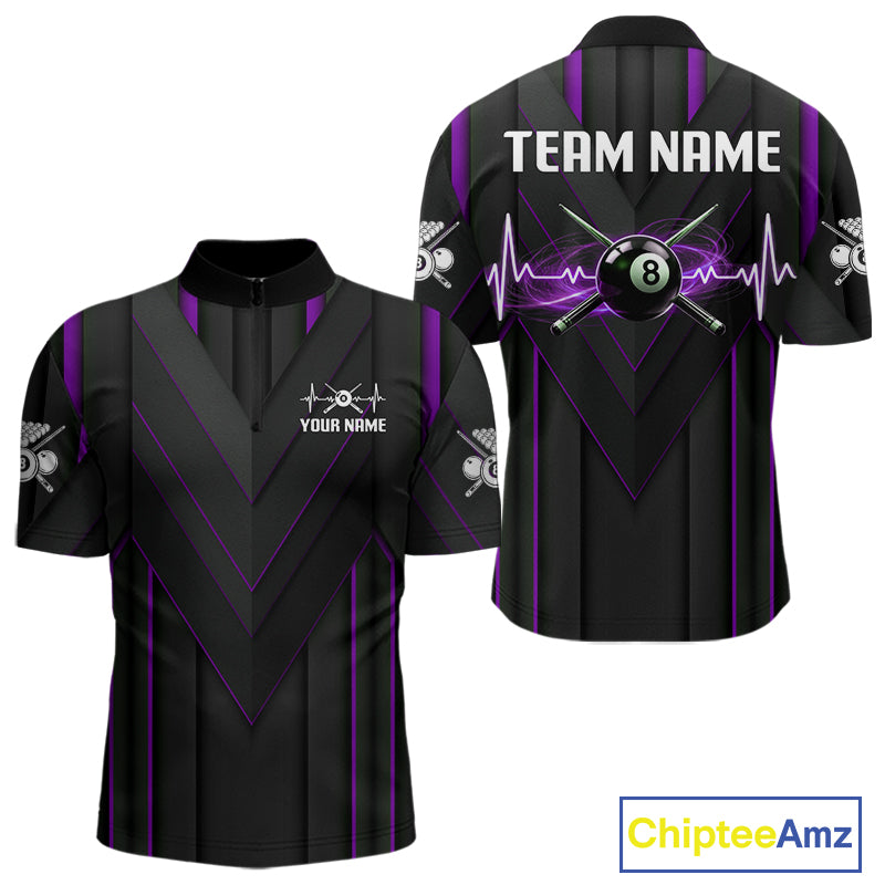 Mens Beat Heart Pool Billiard Polo & 1/4-Zip Shirt Custom Light 8 Ball Billiard Team Apparel | Purple NYN4340
