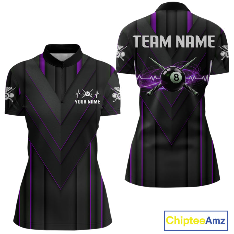 Women Beat Heart Pool Billiard Polo & 1/4-Zip Shirt Custom Light 8 Ball Billiard Team Apparel | Purple NYN4340
