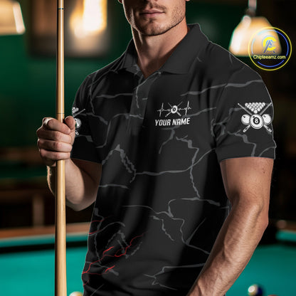 Black & Red Lightning 8 Ball Beat Heart Billiard Shirt For Men Custom Pool Billiard Team Apparel NYN4341
