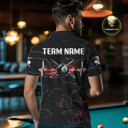 Black & Red Lightning 8 Ball Beat Heart Billiard Shirt For Men Custom Pool Billiard Team Apparel NYN4341
