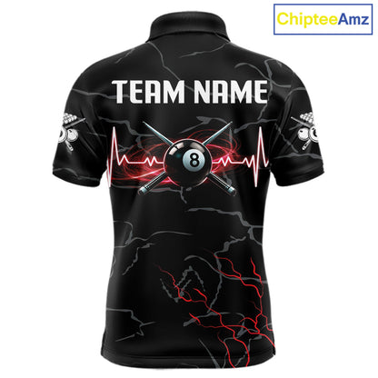 Black & Red Lightning 8 Ball Beat Heart Billiard Shirt For Men Custom Pool Billiard Team Apparel NYN4341
