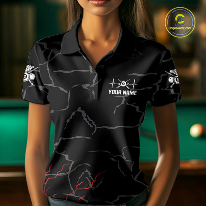 Black & Red Lightning 8 Ball Beat Heart Billiard Shirt For Women Custom Pool Billiard Team Apparel NYN4341