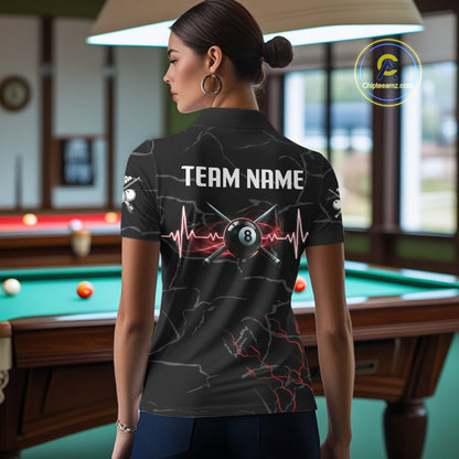 Black & Red Lightning 8 Ball Beat Heart Billiard Shirt For Women Custom Pool Billiard Team Apparel NYN4341