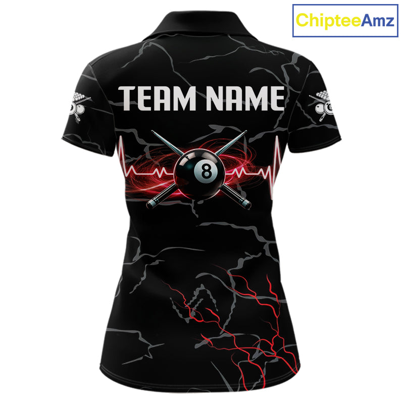 Black & Red Lightning 8 Ball Beat Heart Billiard Shirt For Women Custom Pool Billiard Team Apparel NYN4341