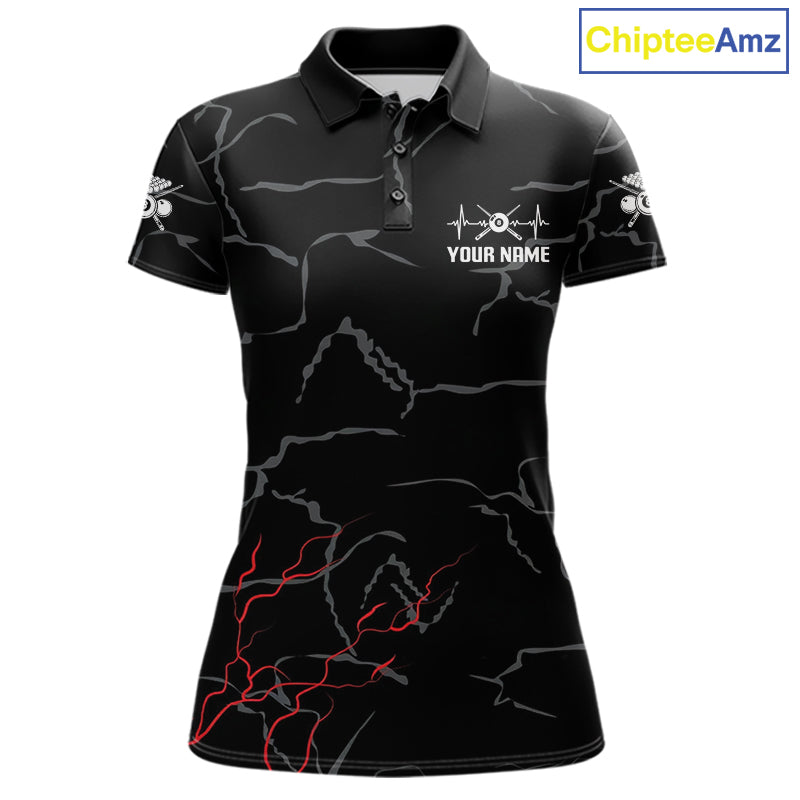 Black & Red Lightning 8 Ball Beat Heart Billiard Shirt For Women Custom Pool Billiard Team Apparel NYN4341