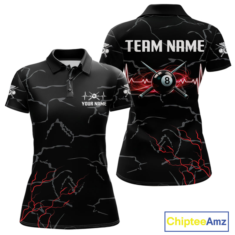 Black & Red Lightning 8 Ball Beat Heart Billiard Shirt For Women Custom Pool Billiard Team Apparel NYN4341