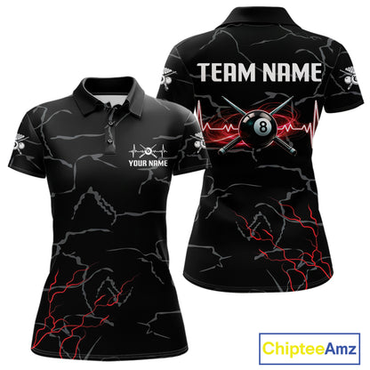 Black & Red Lightning 8 Ball Beat Heart Billiard Shirt For Women Custom Pool Billiard Team Apparel NYN4341