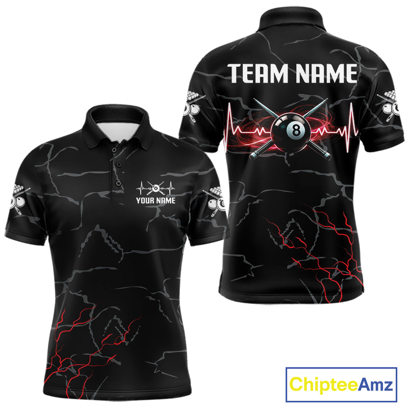 Black & Red Lightning 8 Ball Beat Heart Billiard Shirt For Men Custom Pool Billiard Team Apparel NYN4341