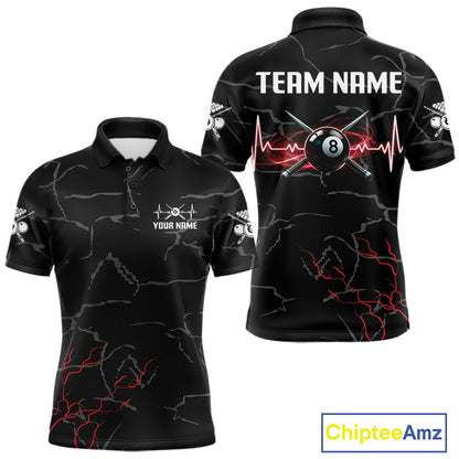 Black & Red Lightning 8 Ball Beat Heart Billiard Shirt For Men Custom Pool Billiard Team Apparel NYN4341
