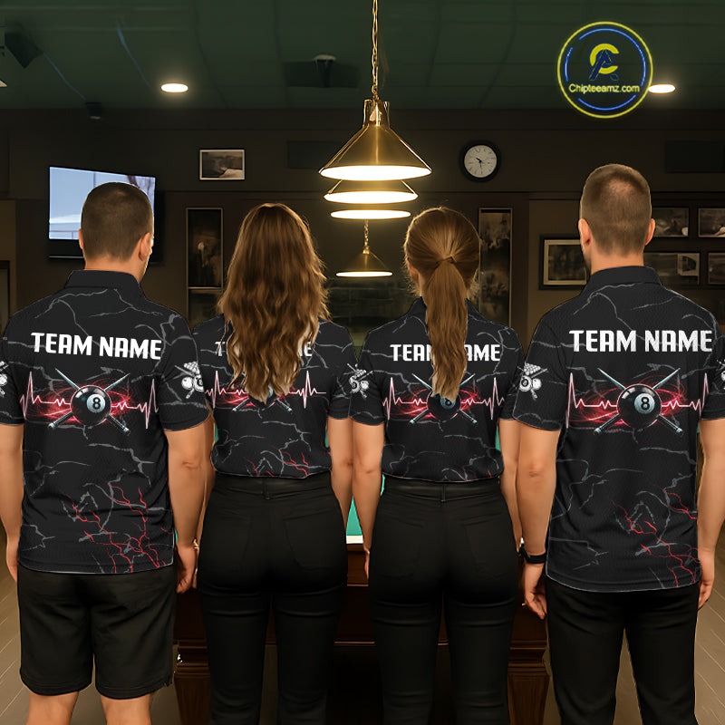 Black & Red Lightning 8 Ball Beat Heart Billiard Shirt For Men Custom Pool Billiard Team Apparel NYN4341