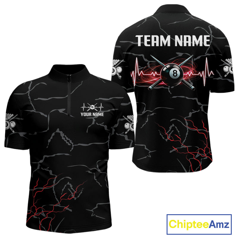 Black & Red Lightning 8 Ball Beat Heart Billiard Shirt For Men Custom Pool Billiard Team Apparel NYN4341