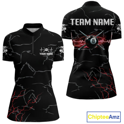 Black & Red Lightning 8 Ball Beat Heart Billiard Shirt For Women Custom Pool Billiard Team Apparel NYN4341