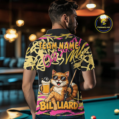 Custom Name Billiard Shirt For Men Retro Graffiti Cat & Beer 8 Ball Pool Jersey, Funny Billiard Gifts NYN4342