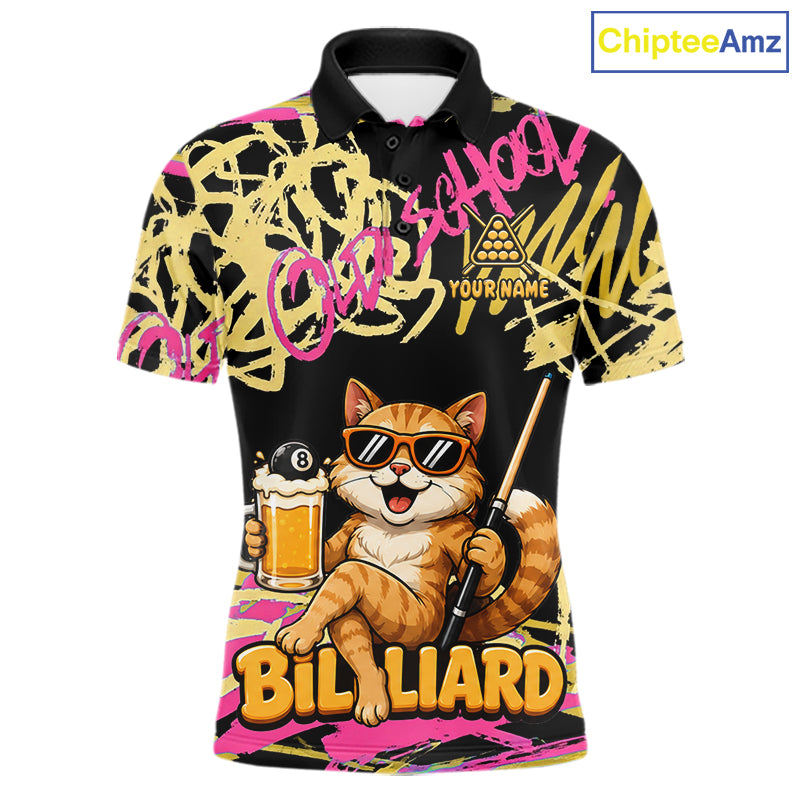 Custom Name Billiard Shirt For Men Retro Graffiti Cat & Beer 8 Ball Pool Jersey, Funny Billiard Gifts NYN4342