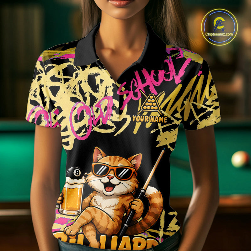 Custom Name Billiard Shirt For Women Retro Graffiti Cat & Beer 8 Ball Pool Jersey, Funny Billiard Gifts NYN4342