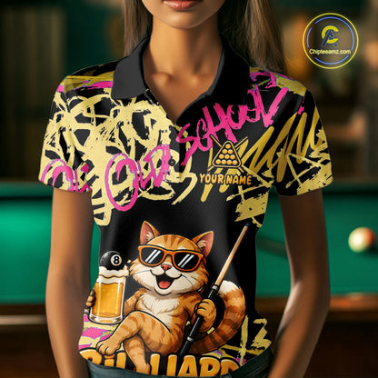 Custom Name Billiard Shirt For Women Retro Graffiti Cat & Beer 8 Ball Pool Jersey, Funny Billiard Gifts NYN4342