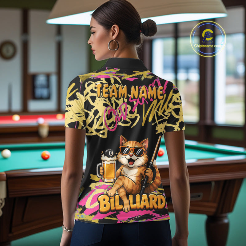 Custom Name Billiard Shirt For Women Retro Graffiti Cat & Beer 8 Ball Pool Jersey, Funny Billiard Gifts NYN4342