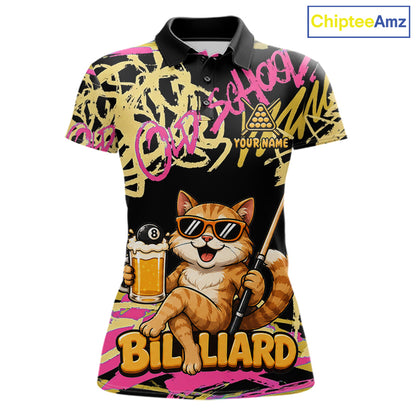 Custom Name Billiard Shirt For Women Retro Graffiti Cat & Beer 8 Ball Pool Jersey, Funny Billiard Gifts NYN4342