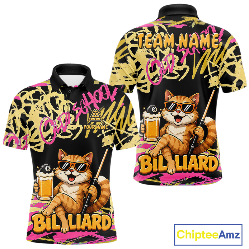 Custom Name Billiard Shirt For Men Retro Graffiti Cat & Beer 8 Ball Pool Jersey, Funny Billiard Gifts NYN4342